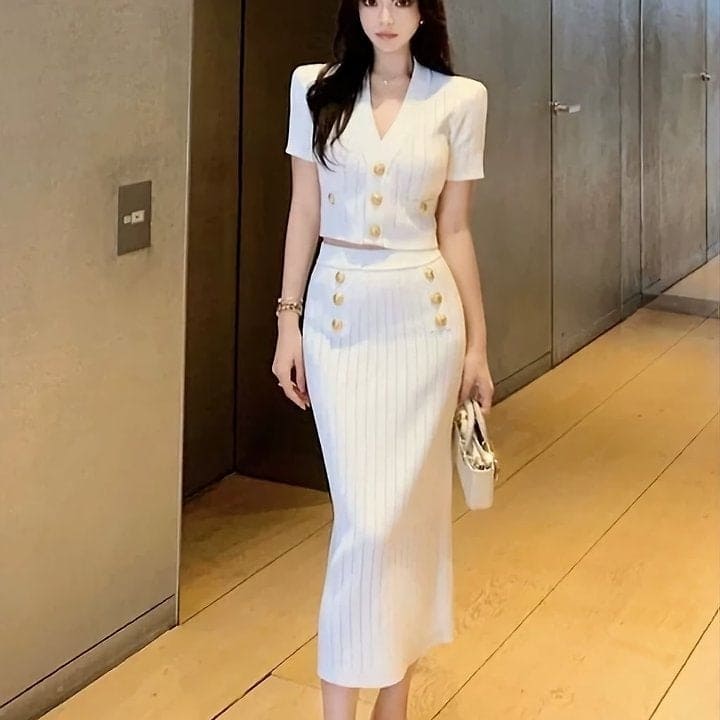 BM 발망 라이온 버튼 가디건 니트 롱 스커트 투피스 세트