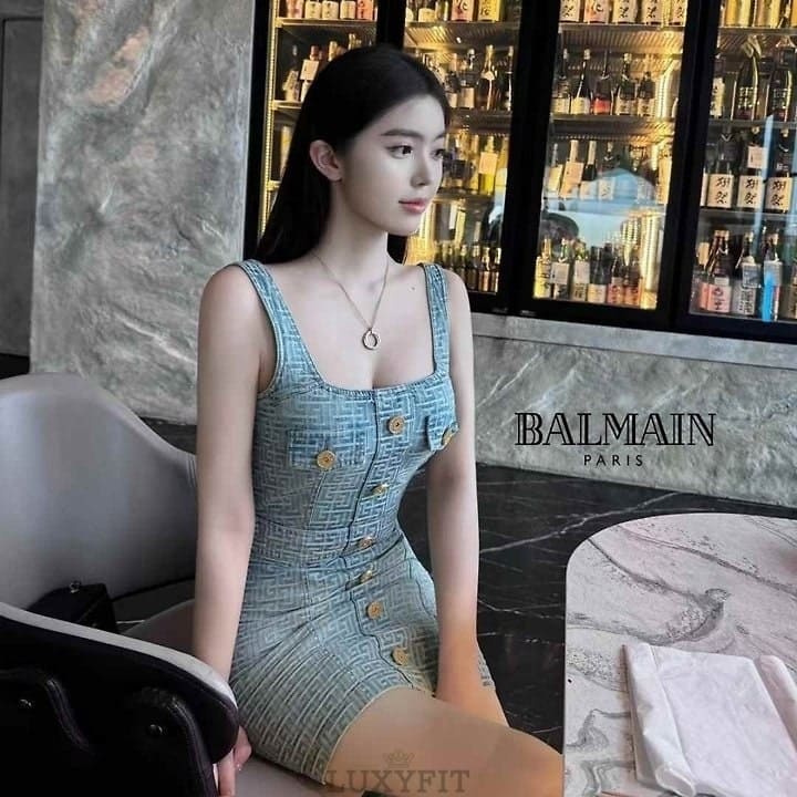 BM 발망 패턴 데님 민소매 원피스
