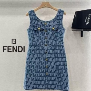 FD 펜디 FF 패턴 포켓 데님 민소매 원피스
