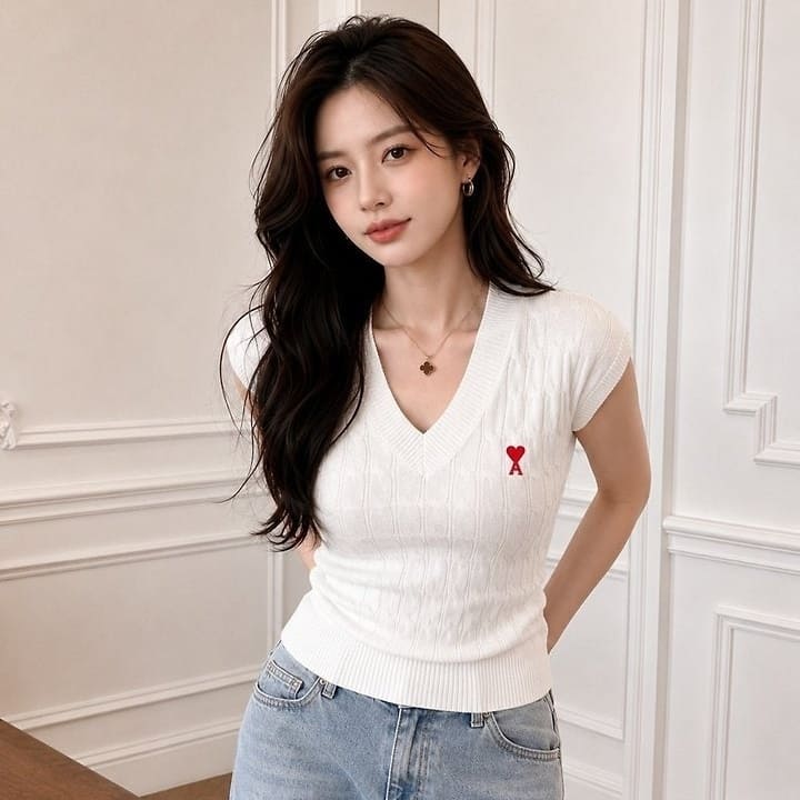 AM 아미 스몰하트 민소매 꽈배기 니트