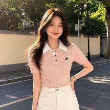 CL 셀린느 배색카라 꽈배기 반팔니트