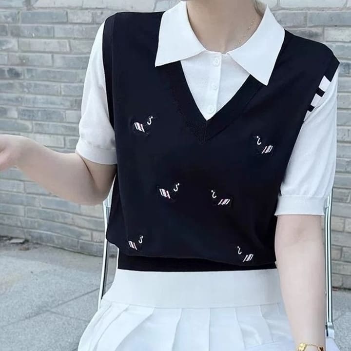 TB 톰브라운 헥터 레이어드 카라 반팔 니트