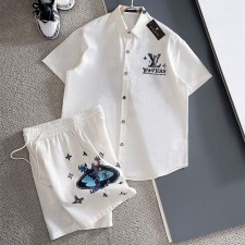 LV 루이비통 LV 멀티로고 프린티드 린넨 셔츠 & 반바지 세트